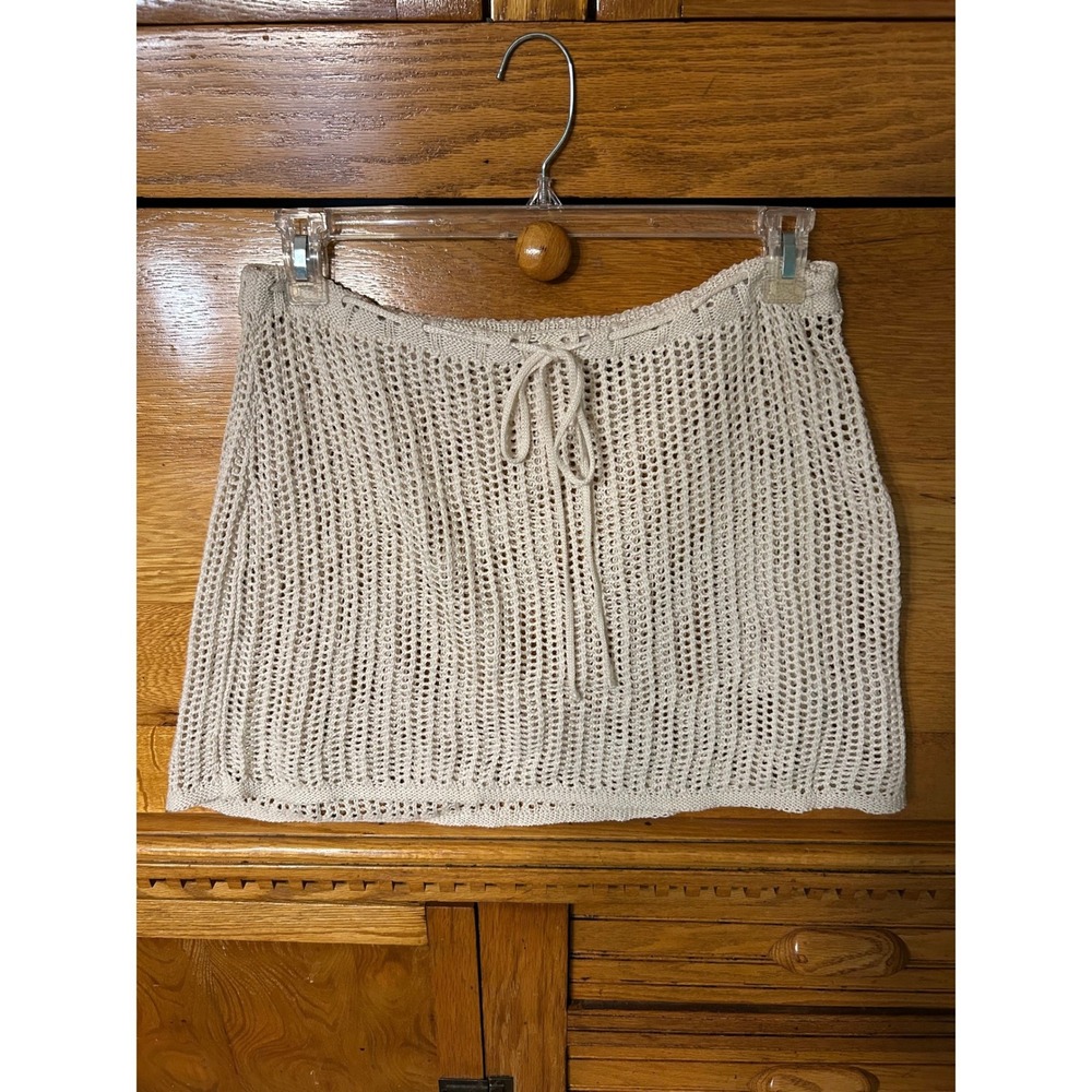 Boho Chic Cream Crochet Mini Skirt Beach Cover Up Open Knit‎ Drawstring Resort